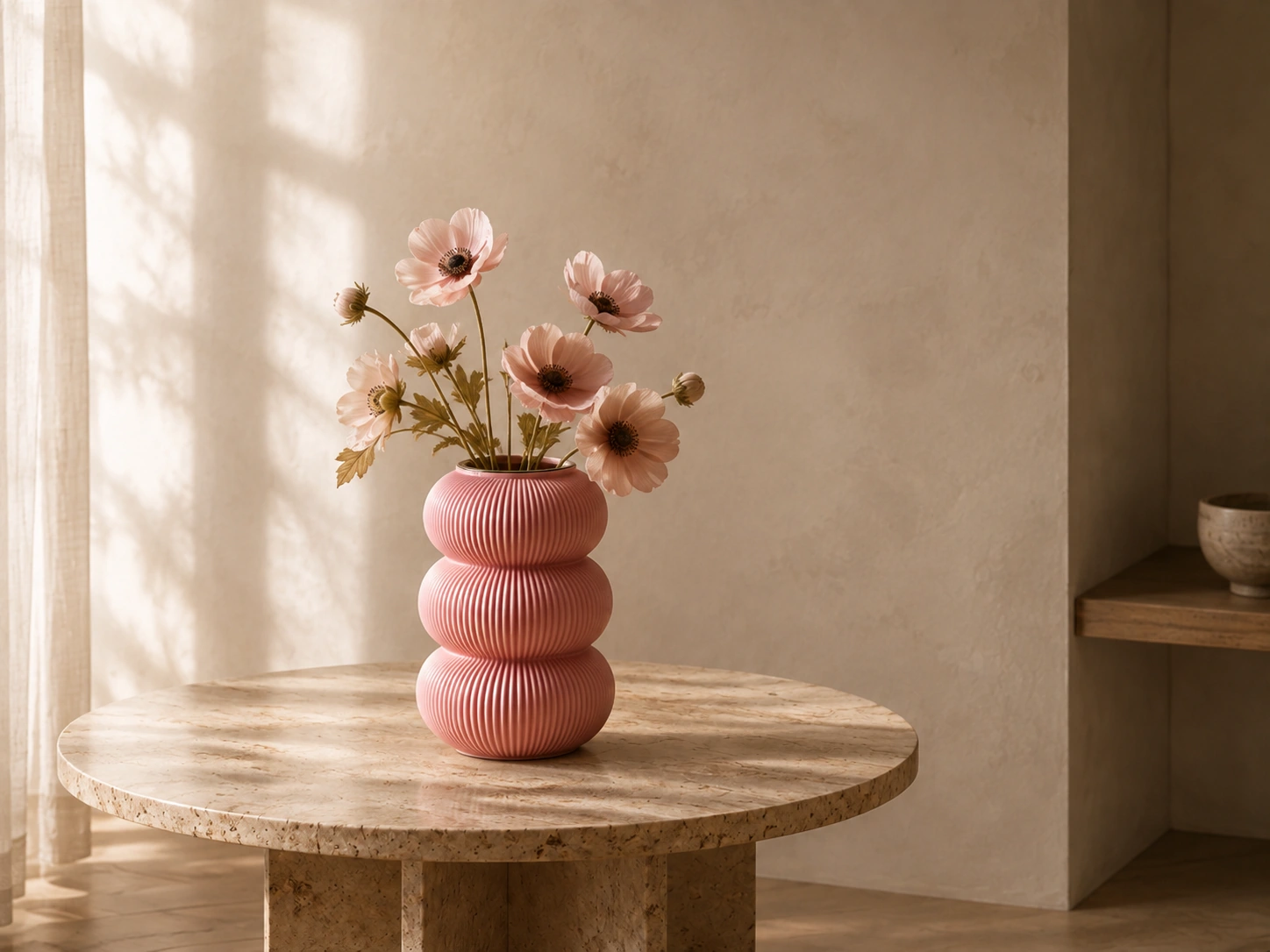Rosa ribbet ByStern-vase stylet på en bogreol med nordiske designbøger.