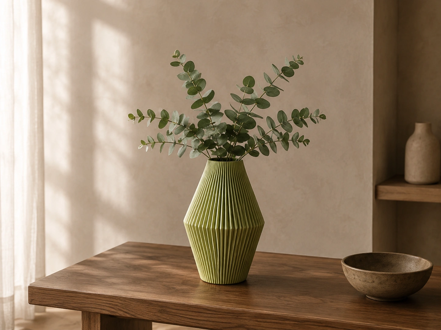 Limegrøn geometrisk ByStern-vase med eukalyptus.