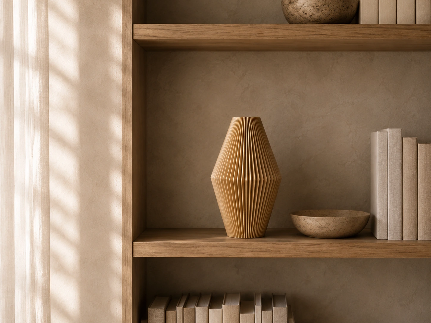 Sandfarvet geometrisk ByStern-vase på en rolig bogreol.