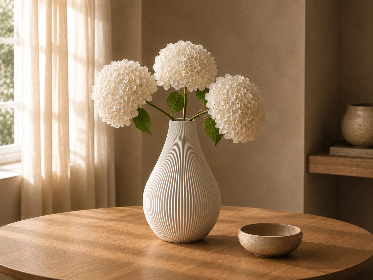 Hvid ribbet ByStern-vase med lyse hortensiaer ved et vindue.